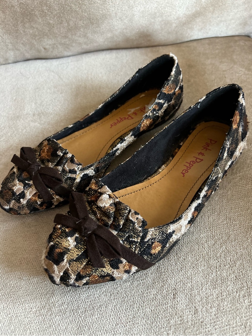 Y2K Pink & Pepper Brown Cheetah Bow Detail Business Casual Glam Ballet Flats